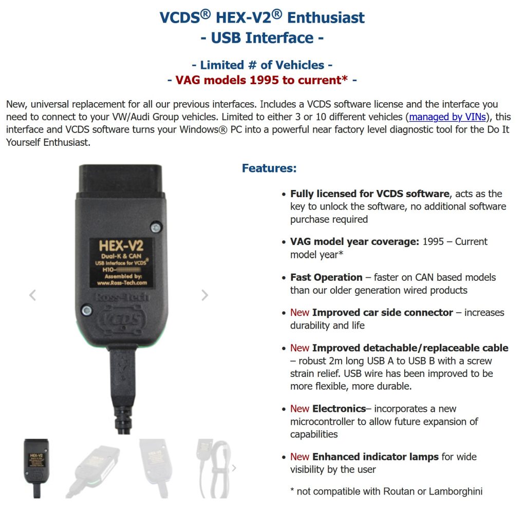 Ross-Tech VAG-COM VCDS HEX-V2 Enthusiast Cable for Sale - 3 VIN