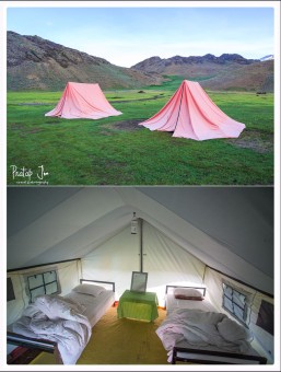 Two-man tent and inside the luxury tent at Chandratal Lake