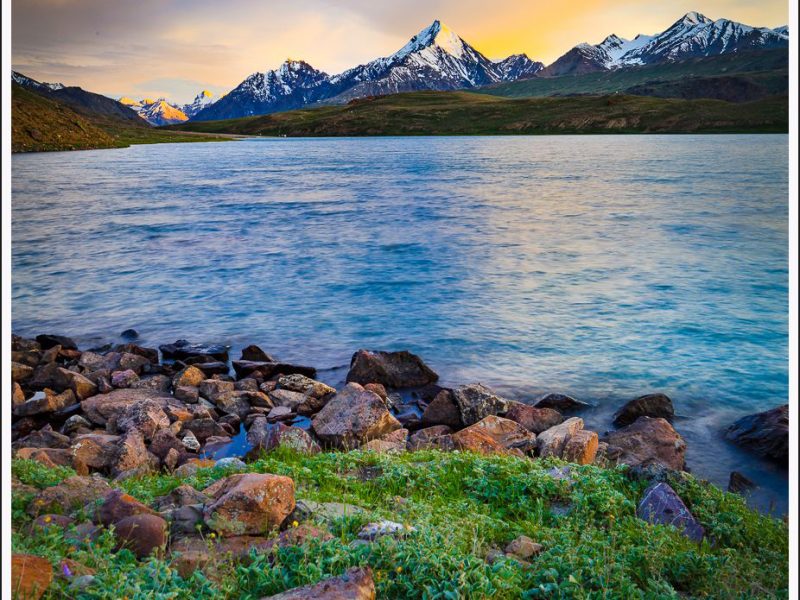 View of Chandratal Lake and Himalayan mountains behind while doing a parikrama around