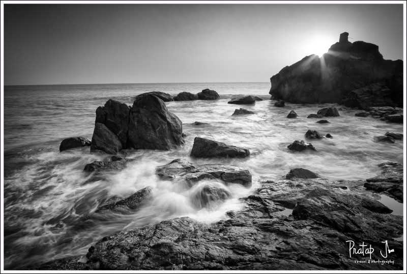 Sunset at Om Beach Gokarna in monochrome