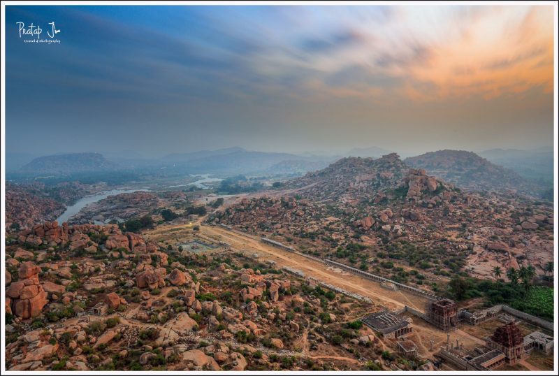 View of the Tungabahdra River and Rocky Terrain of Hampi from Ma